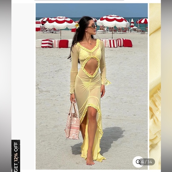 NWT Yellow Ruffle Trim Ruched Cut Out Maxi Dress - Picture 4 of 10